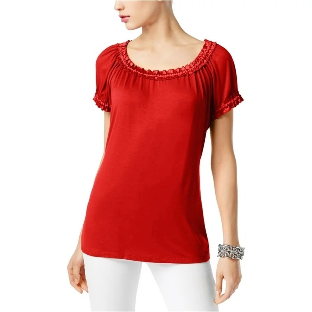 INC International Concepts Red Short Sleeve Blouse Women’s Large Career Top